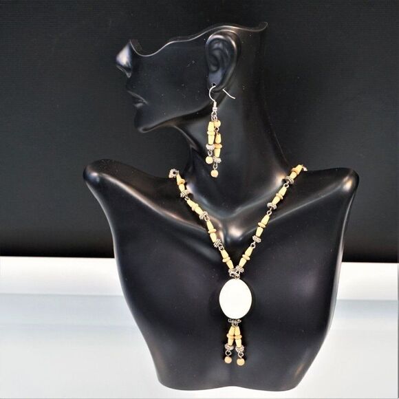 Boho Festival Necklace Earring Set Wood Silver Beads Christina Collection - Picture 5 of 10